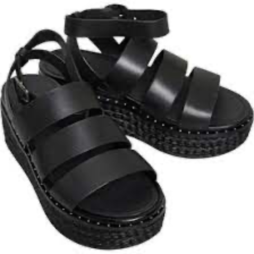 FitFlop Eloise Black Ankle Strap Open Toe Strappy Upper Espadrille Wedge Sandals - Picture 7 of 9